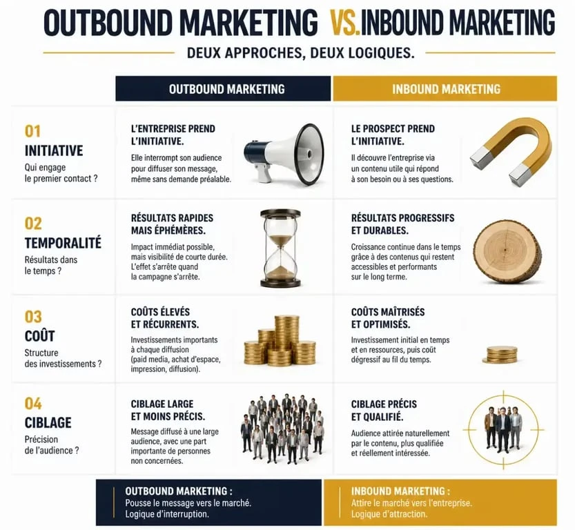 Infographie comparative entre l'outbound marketing et l'inbound marketing pour comprendre leurs différences stratégiques
