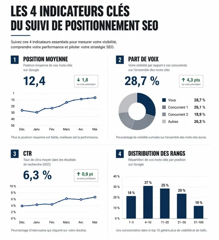 Infographie des indicateurs clés pour le suivi de positionnement d'un site web en SEO