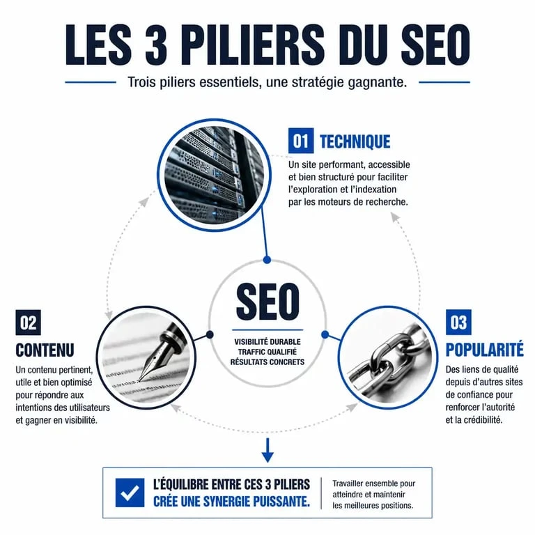 Infographie des trois piliers du SEO : technique, contenu et popularité