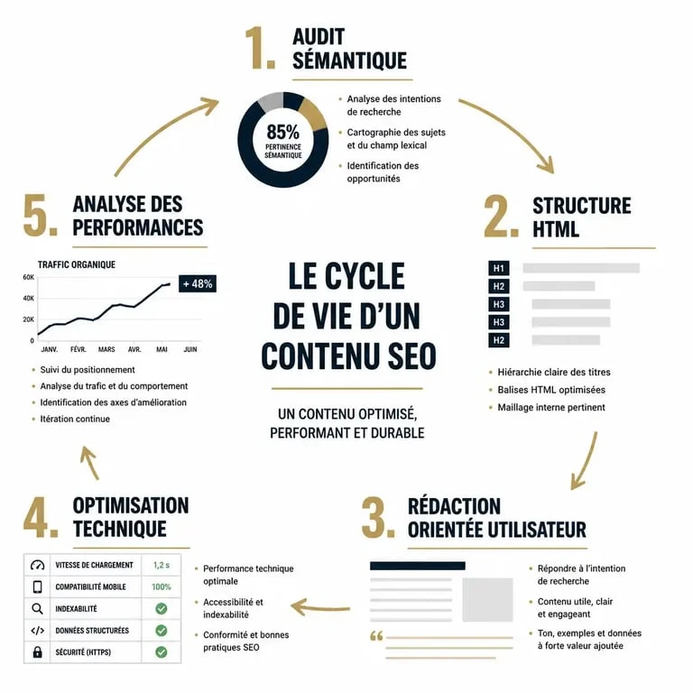 Schéma du processus de rédaction SEO : de l'audit sémantique à l'analyse des performances pour une formation rédaction SEO efficace