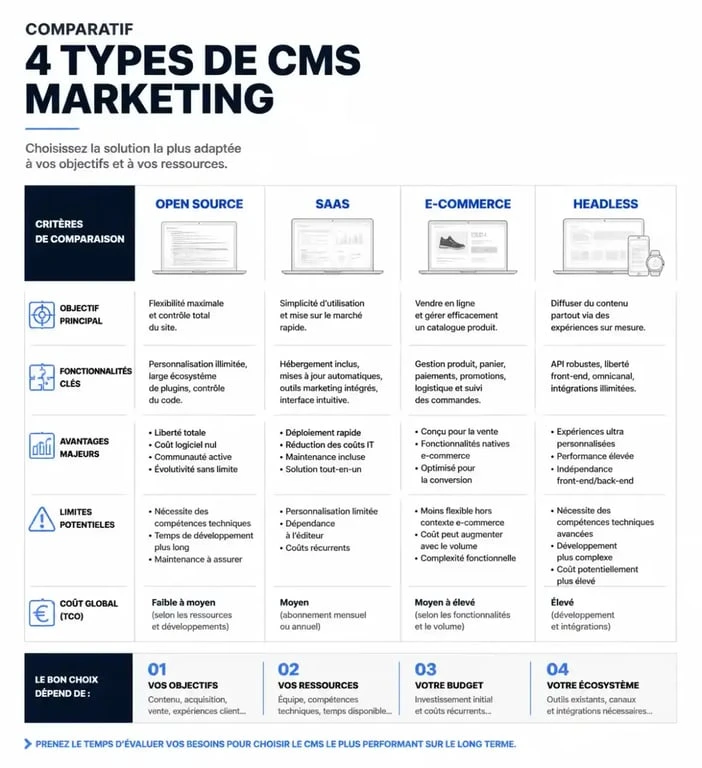 Infographie comparative des différents types de CMS marketing pour les entreprises
