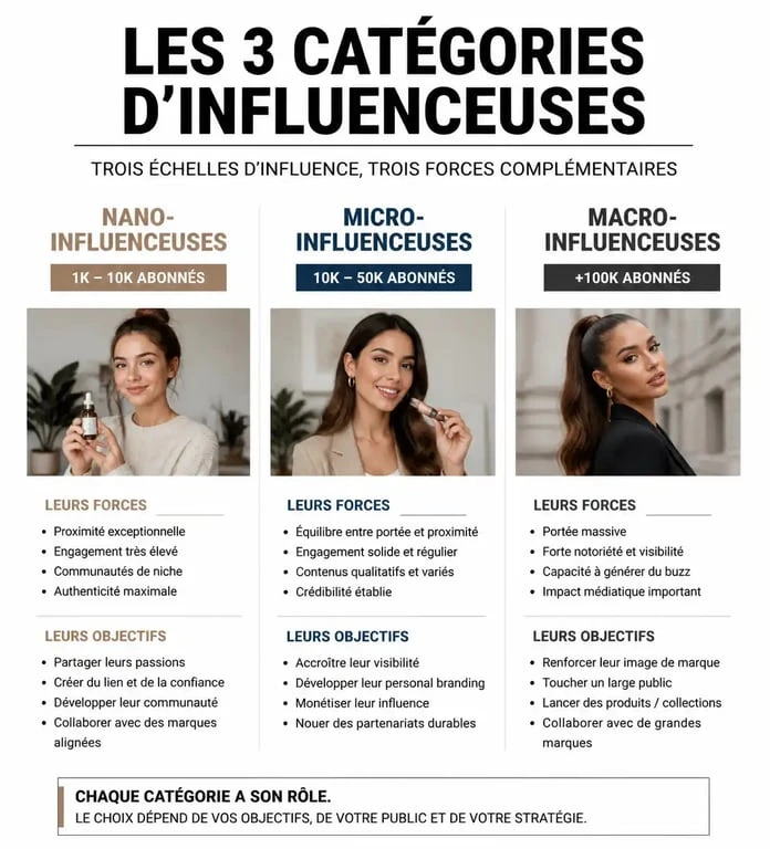 Tableau comparatif des types d'influenceuses marseillaises selon leur audience et leur impact marketing