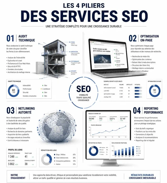 Infographie des piliers des services SEO : audit technique, optimisation on-page, netlinking et reporting de performance