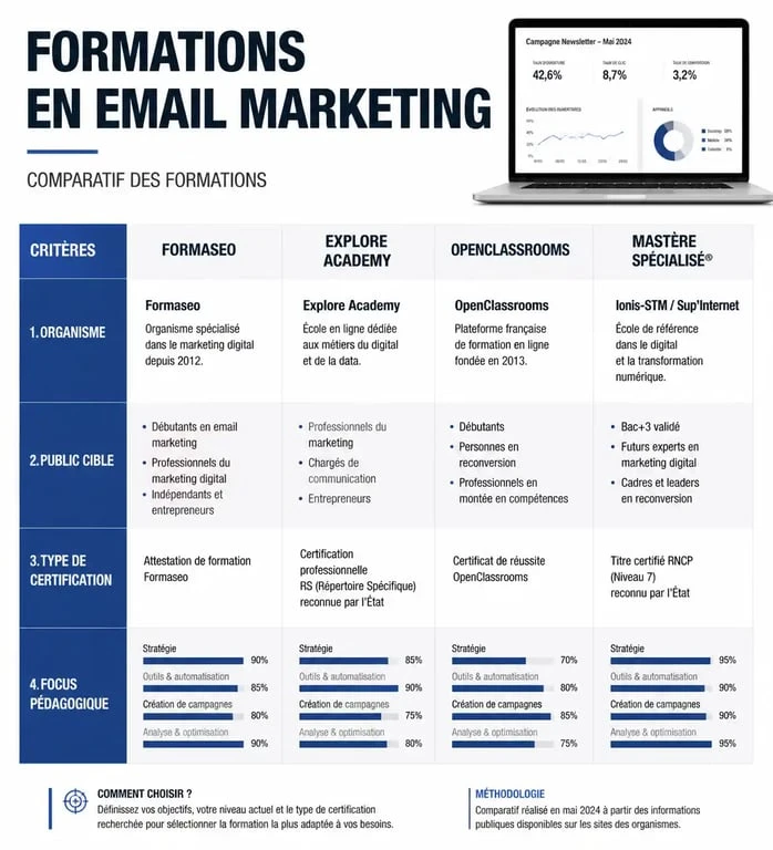 Tableau comparatif des meilleures formations emailing pour choisir son cursus marketing