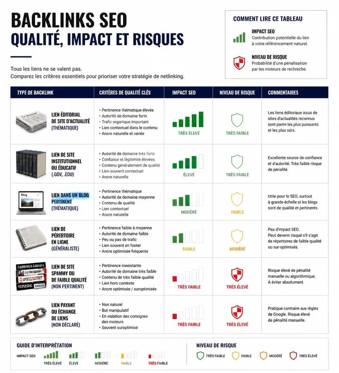 Infographie sur les critères de qualité et risques des backlinks pour le linking SEO