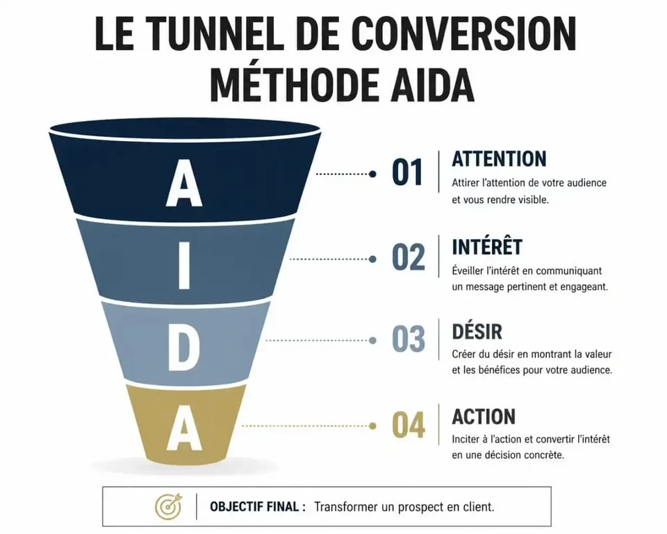 Infographie du tunnel de conversion de la méthode AIDA expliquant les étapes de la communication persuasive