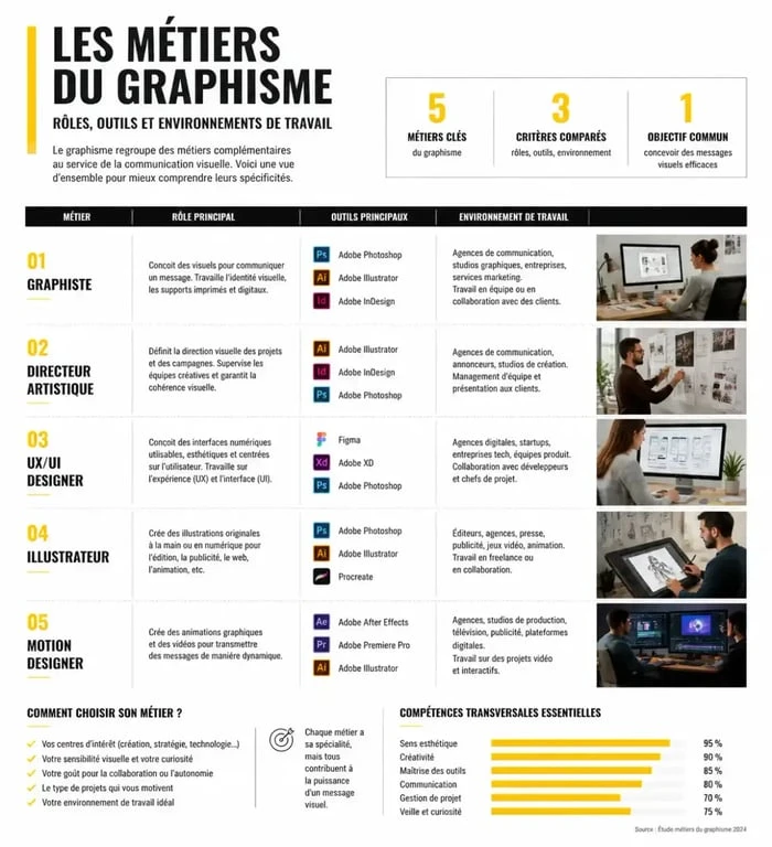 Infographie des métiers du graphisme : panorama des rôles, outils et compétences pour le métier du graphisme