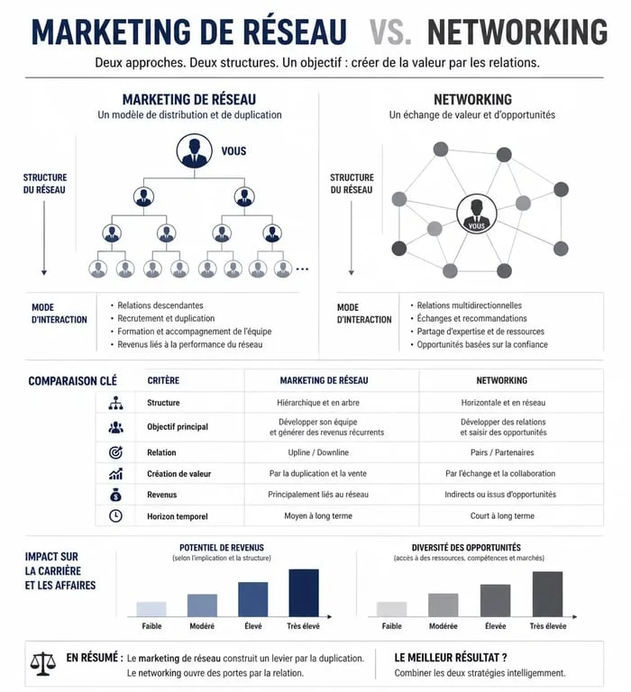 Infographie comparative entre le marketing de réseau et le networking pour le développement professionnel