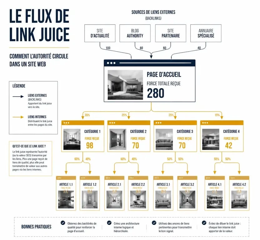 Schéma illustrant la circulation du link juice et la structure des liens SEO internes et externes