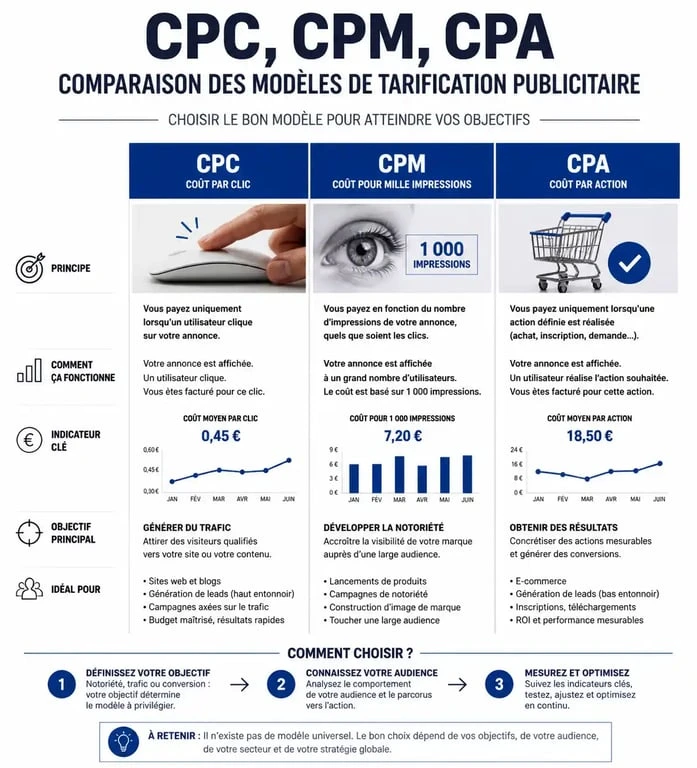 Infographie comparative des modèles de tarification publicitaire CPC, CPM et CPA pour le marketing digital