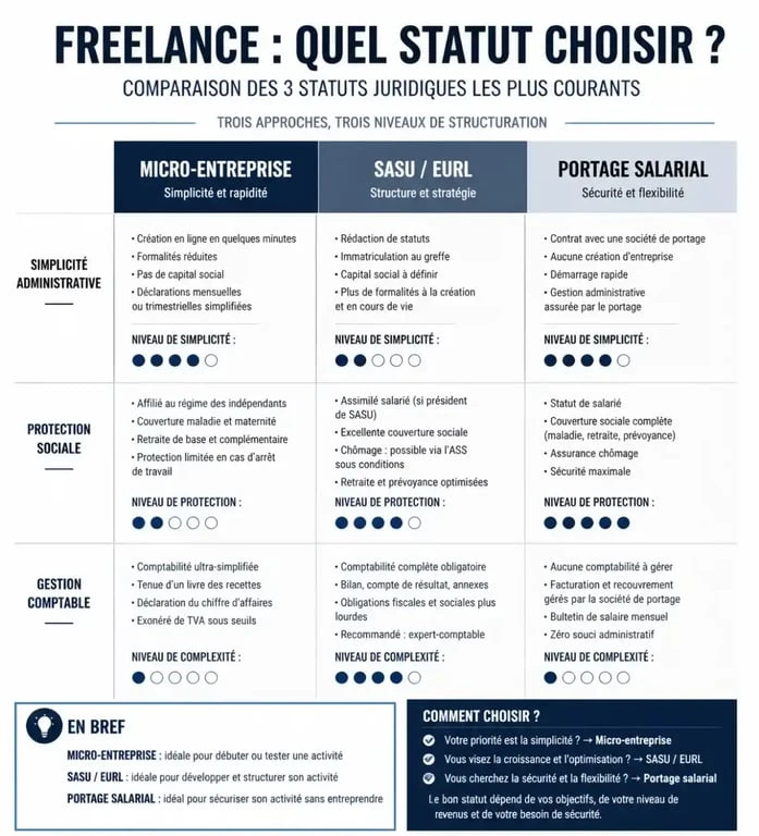 Comparatif des statuts juridiques pour freelance SEO : Micro-entreprise, SASU/EURL et Portage salarial