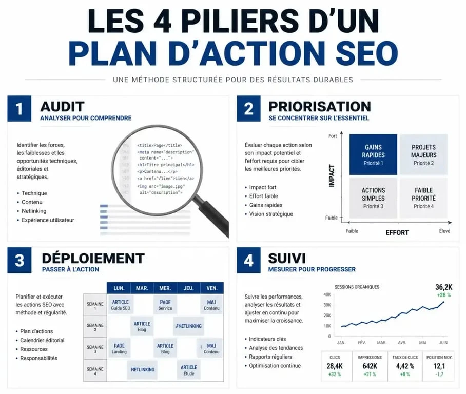 Infographie illustrant les étapes clés d'un plan d'action SEO pour améliorer la visibilité d'un site web