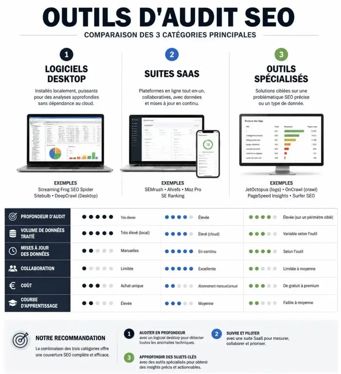 Infographie comparative des meilleurs outils d'audit SEO pour sites web