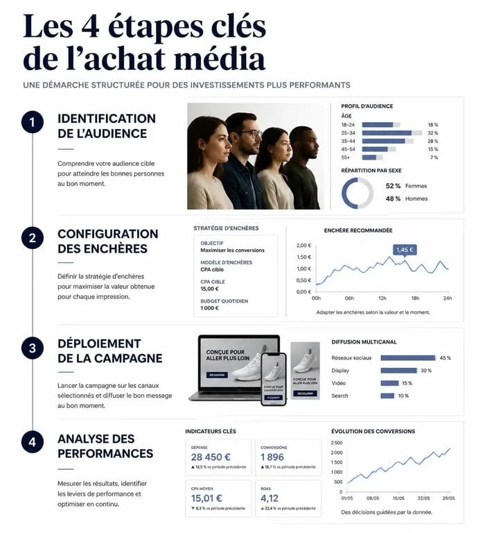 Infographie illustrant les étapes clés du processus de media purchase pour une stratégie publicitaire efficace.