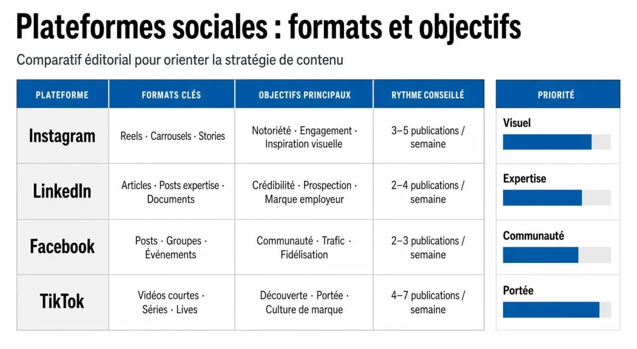 Infographie comparative des formats et objectifs par réseau social pour optimiser vos posts réseaux sociaux