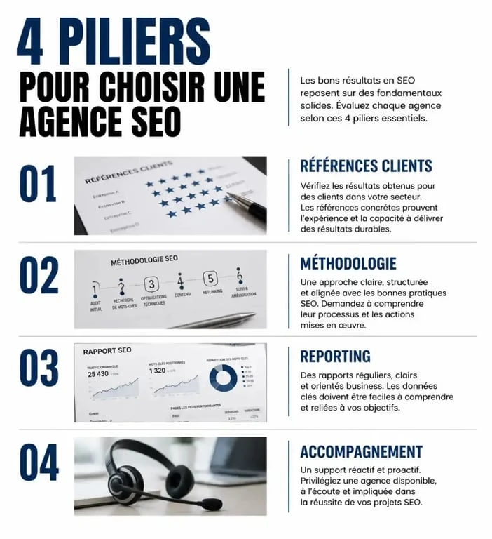 Infographie des critères de sélection pour choisir une agence de communication SEO performante