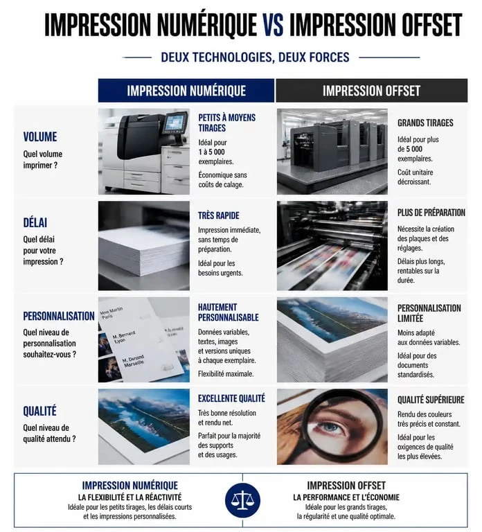 Infographie comparative des techniques d'impression marketing : numérique vs offset pour vos supports de communication.