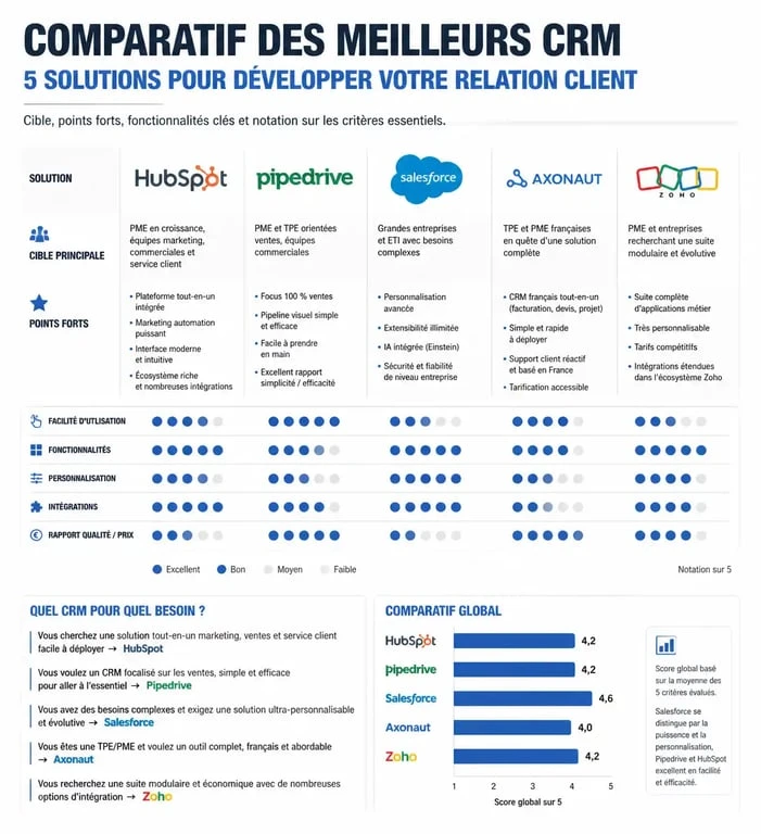 Infographie comparative des meilleurs CRM pour entreprises : HubSpot, Pipedrive, Salesforce, Axonaut et Zoho.