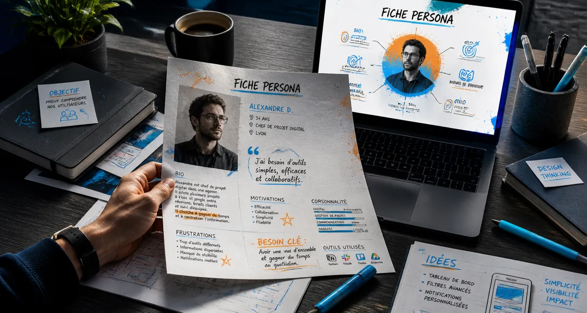 fiche persona sur bureau avec ordinateur et notes