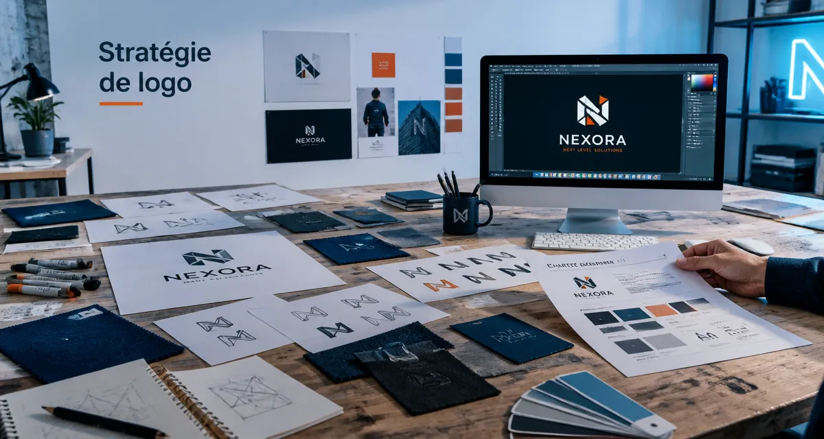 logo stratégie sur table de designer avec moodboards