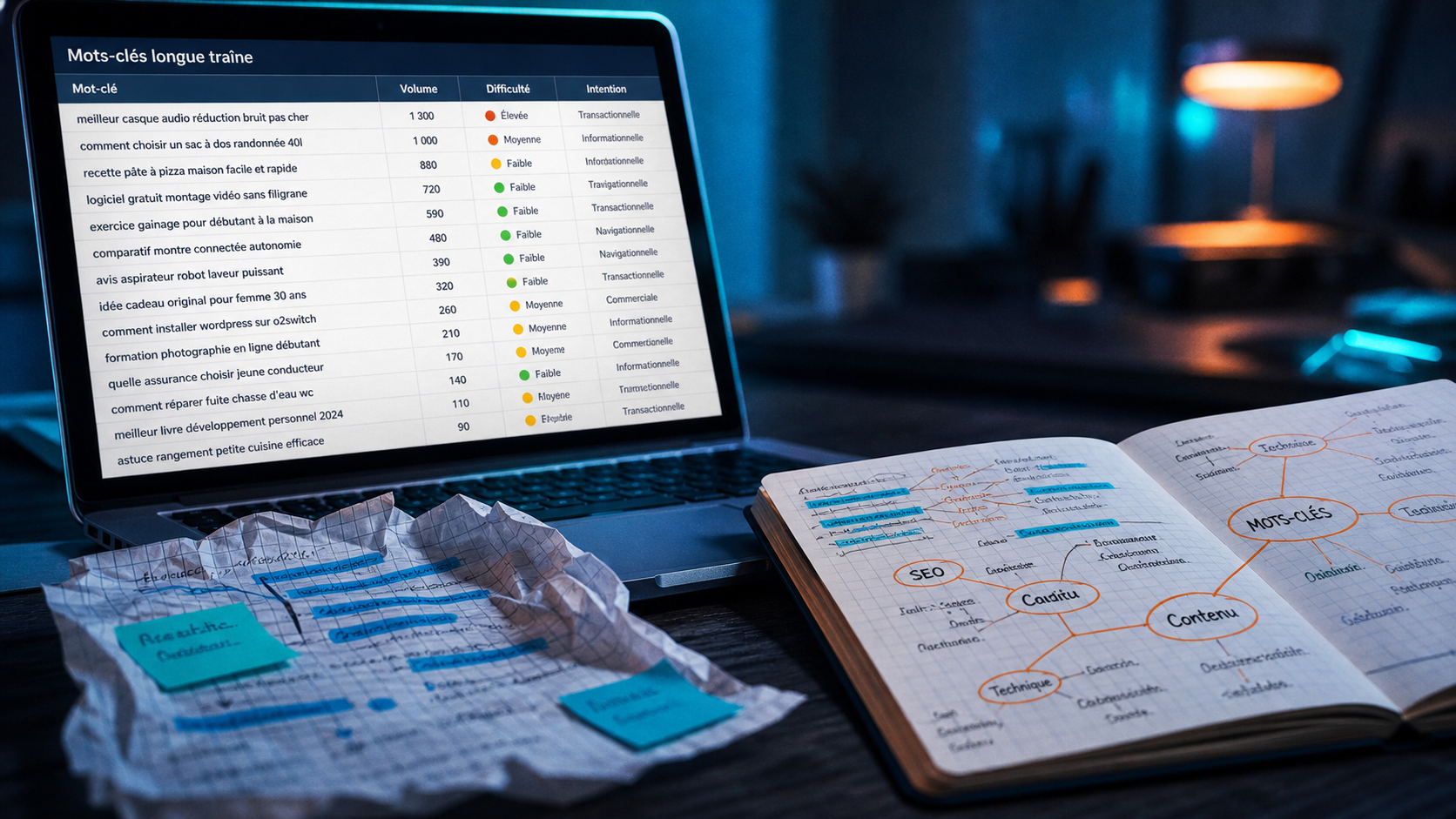Mots clés générateur : SEO longue traîne à faible concurrence sur tableau