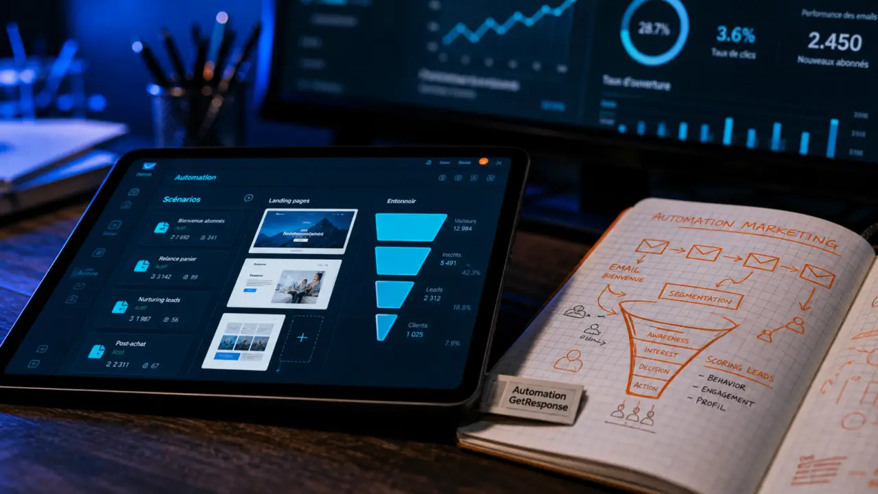 Avis GetResponse : automation et webinaires intégrés, tableau sur tablette