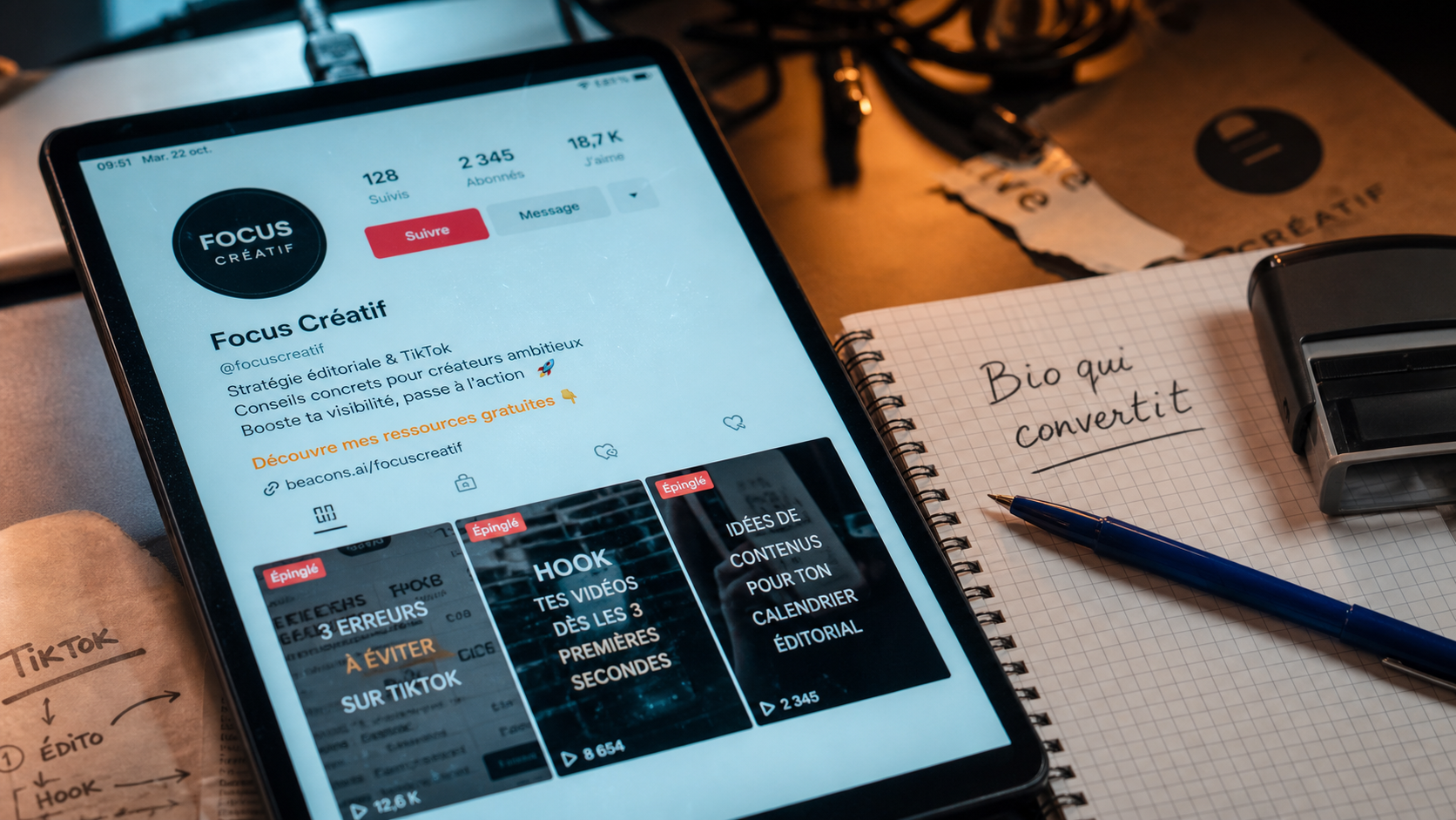 b.i.o tiktok sur tablette, bio qui convertit avec CTA orange