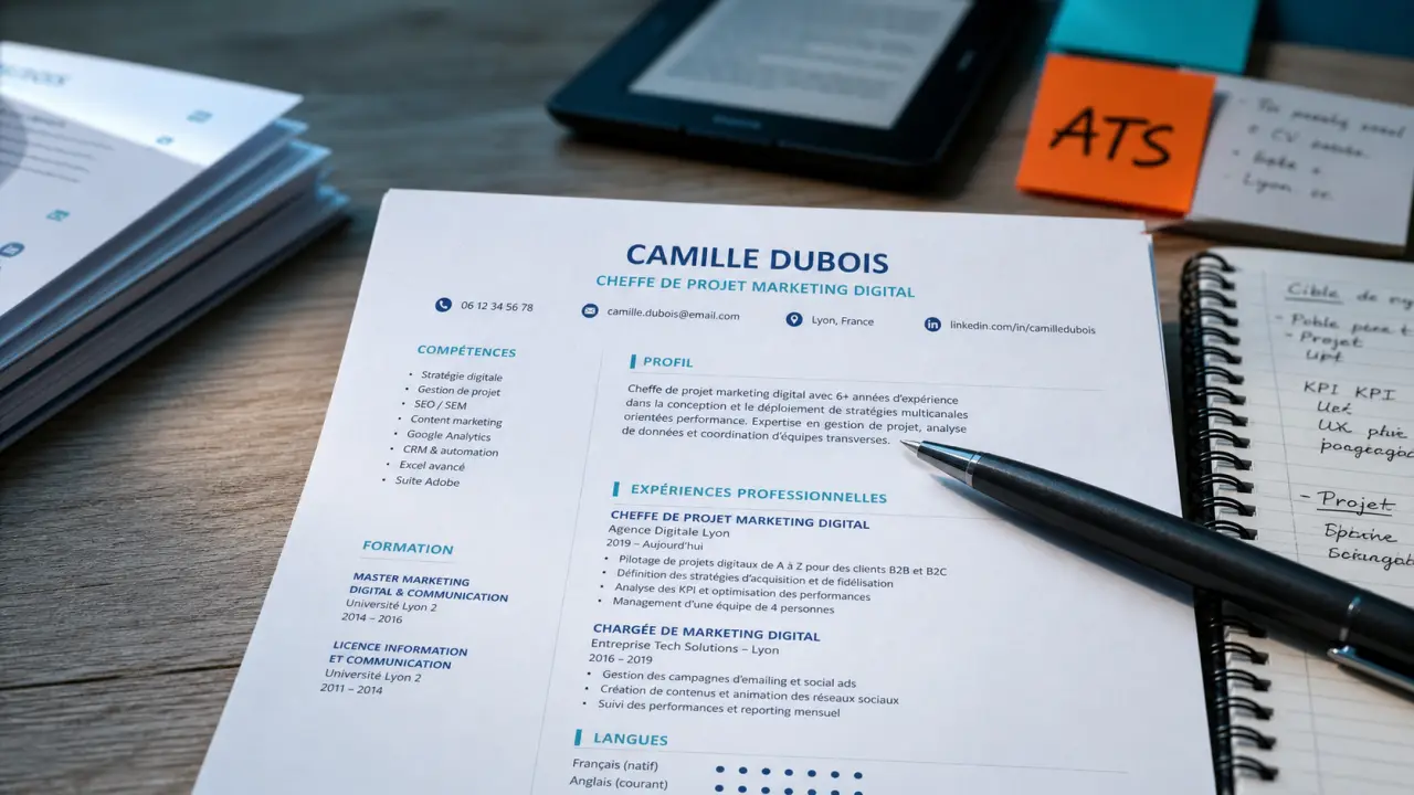 cv sans photo : pile de CV sans photo, carnet et stylo, profil ATS