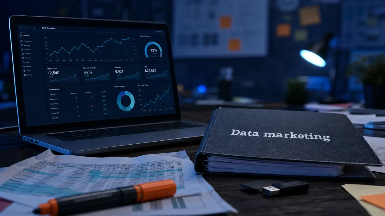 datamarketingparis.com : data marketing, ROI et SEO sur ordinateur en atelier
