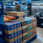 Distribution intensive en rayon : packs de soda et snacks en grande surface