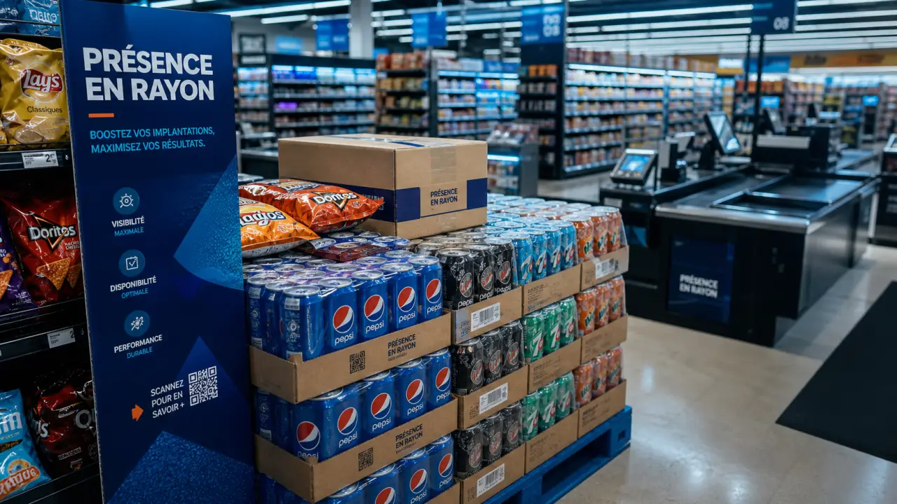 Distribution intensive en rayon : packs de soda et snacks en grande surface