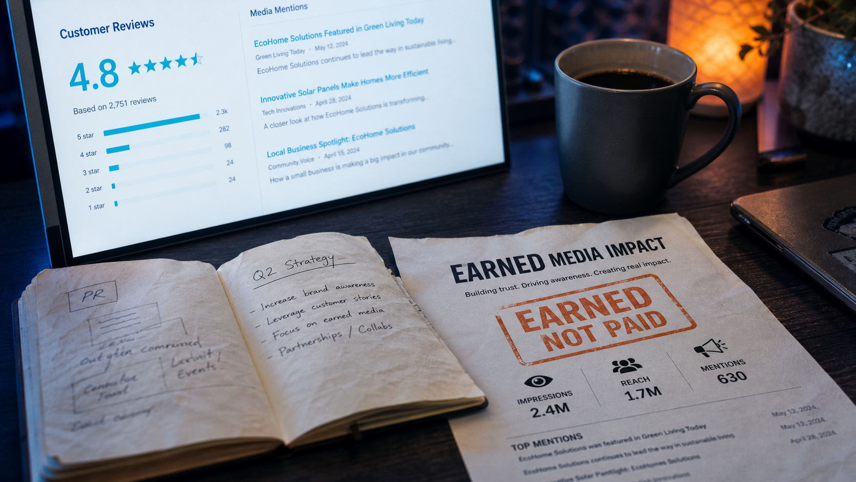 earned media sur un bureau : visibilité gagnée, confiance renforcée
