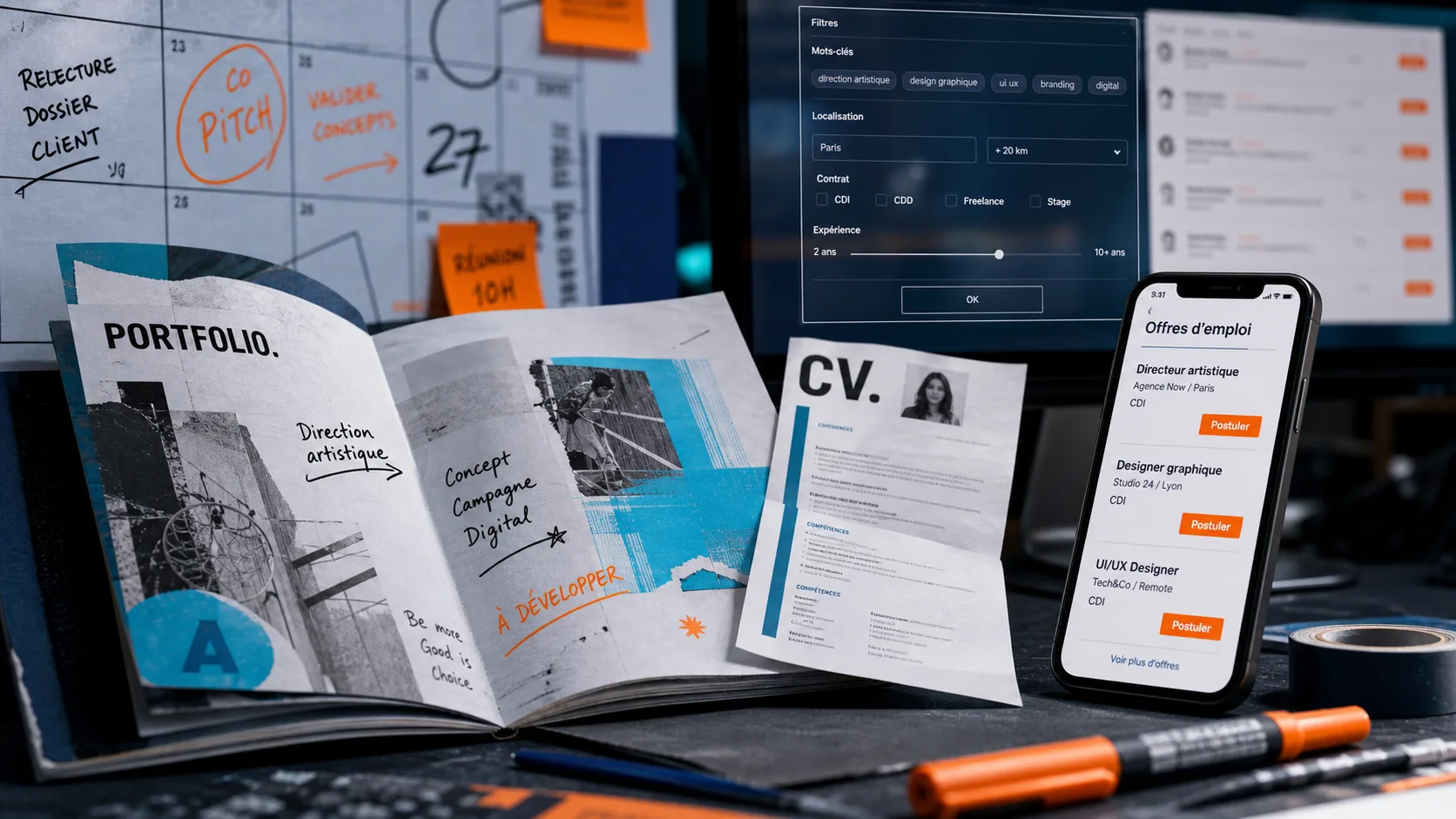 Emploi design : portfolio ouvert sur bureau, offres récentes