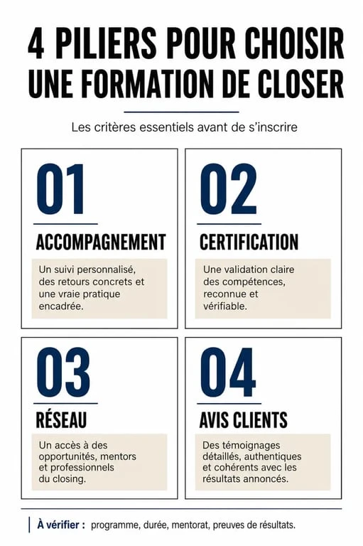 Infographie des critères de sélection pour choisir la meilleure formation closer