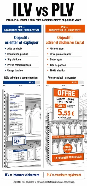 Infographie comparative illustrant la différence entre l'ILV et la PLV pour le merchandising