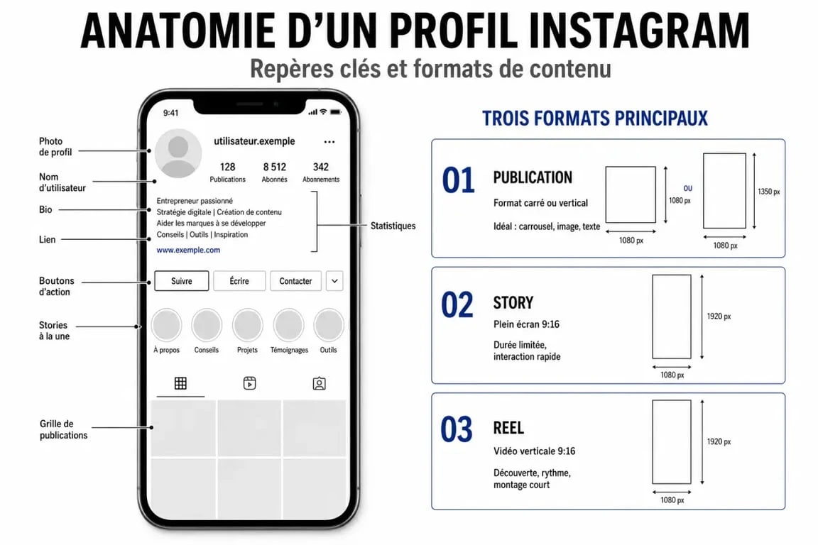 Infographie explicative sur les bases d'Instagram pour les nuls : profil, posts, stories et reels