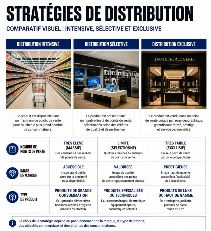 Comparatif des stratégies de distribution intensive, sélective et exclusive