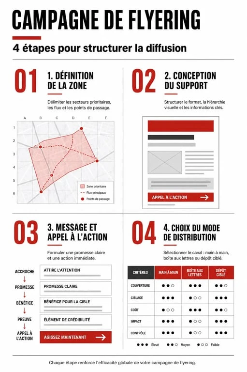 Infographie illustrant les 4 étapes clés pour réussir une campagne de flyering efficace