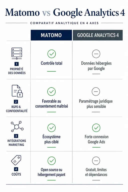 Comparatif matomo vs google analytics sur la confidentialité, le RGPD, les intégrations marketing et les coûts