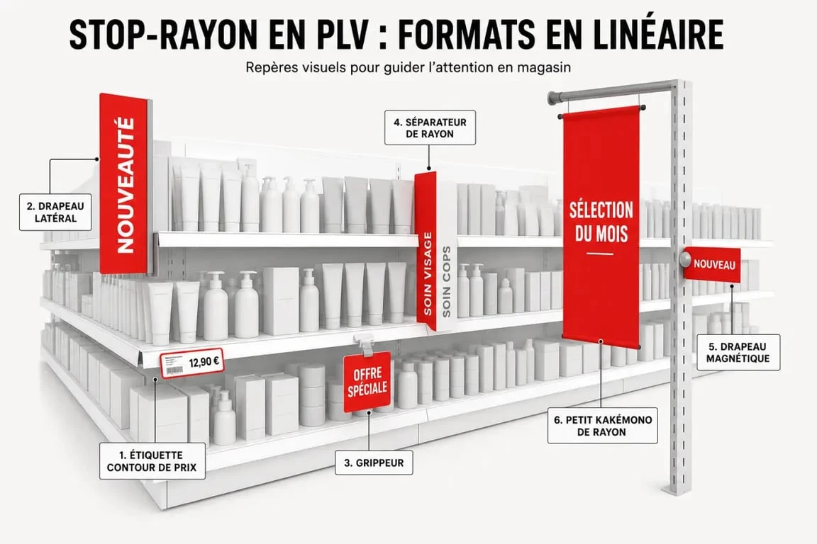 Stop rayon en magasin montrant différents formats de PLV au linéaire