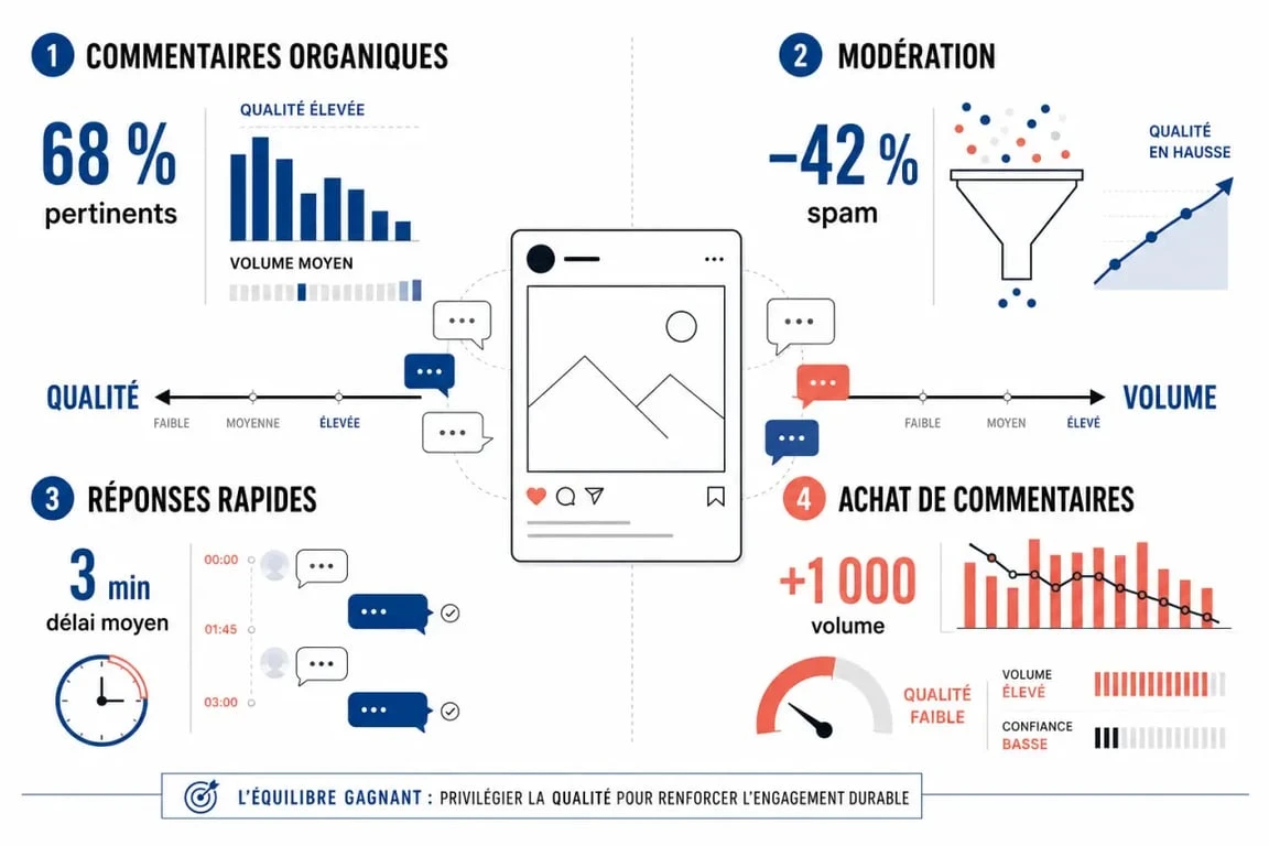 Commentaire Instagram : comparaison visuelle entre commentaires organiques, modération et achat de commentaires