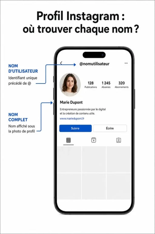 Schéma explicatif de la différence entre nom d'utilisateur et nom complet pour un profil Instagram