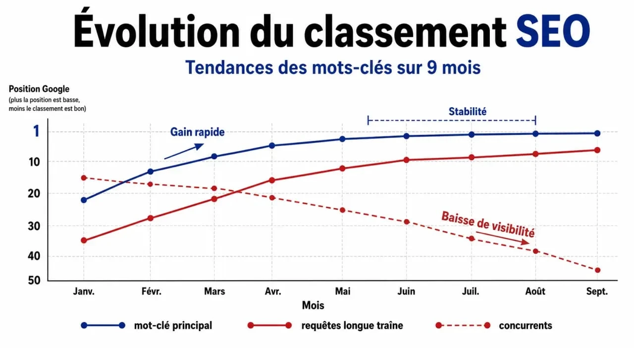 Graphique d'évolution des positions SEO pour le suivi de mots-clés