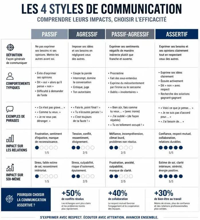 Infographie comparative des styles de communication : passif, agressif, passif-agressif et communication assertive