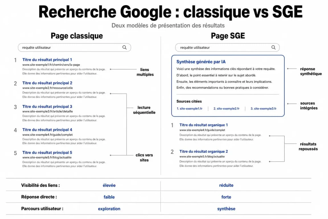 Infographie comparative entre la recherche Google classique et Google SGE