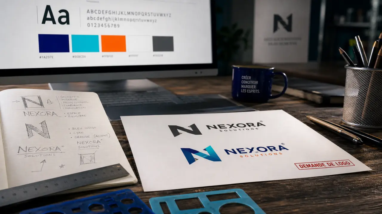Graphiste pour logo : maquette et brief sur table de travail
