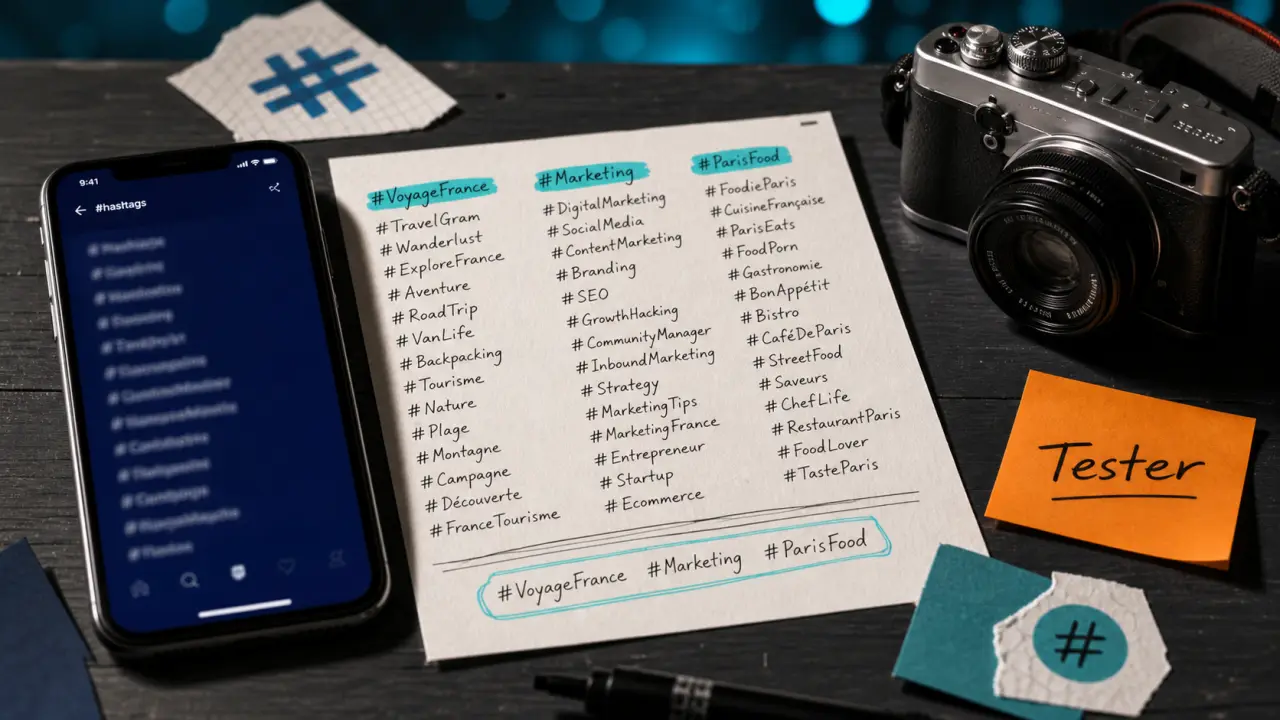 Hashtag exemple sur un bureau avec exemples concrets de hashtags