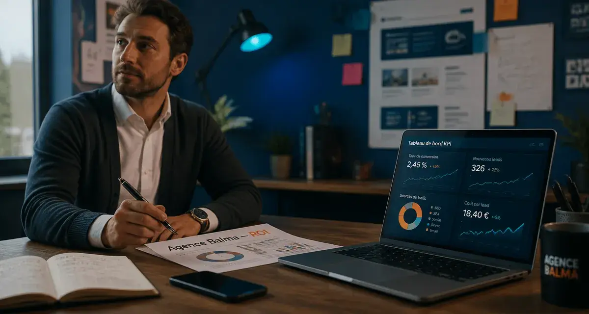 Agence de communication Balma : tableau KPI, leads et ROI au bureau