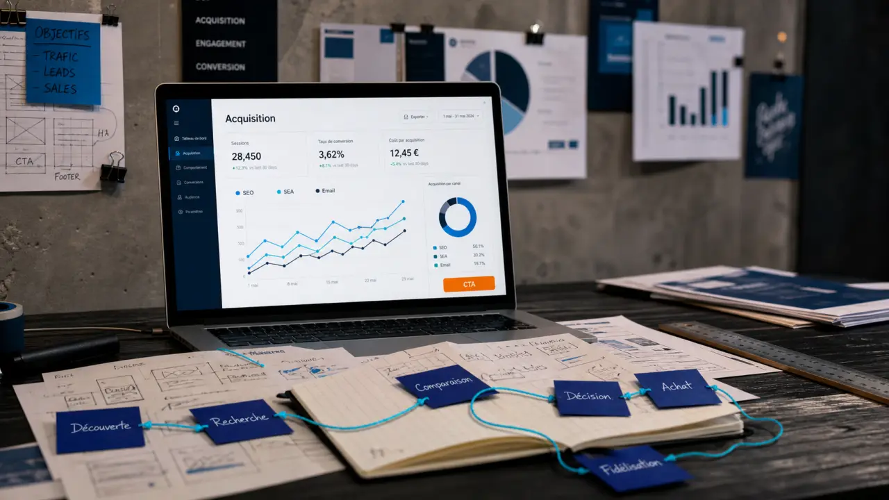 Canaux d'acquisition exemple : SEO, SEA, réseaux sociaux, email marketing