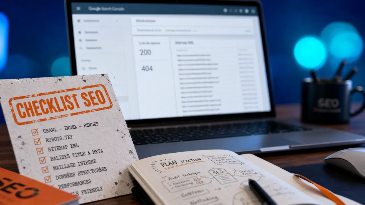 check list seo technique, contenu et netlinking sur table